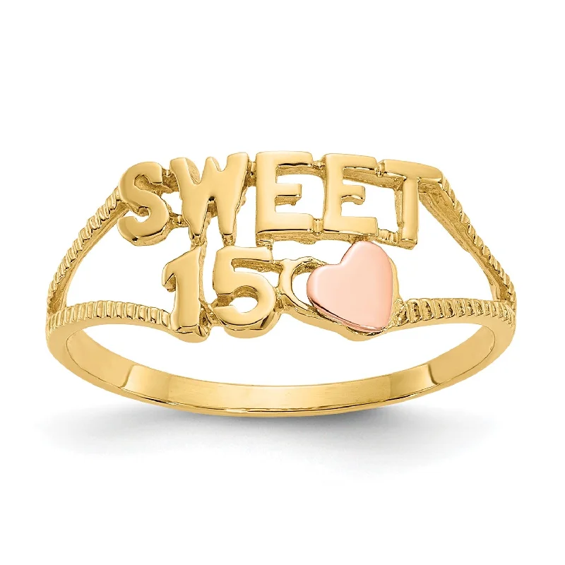 14KT Yellow and Rose Gold Heart Quinceanera Sweet 15 Ring; Size 6