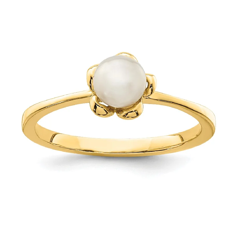 14KT Yellow Gold 4MM Pearl Childrens Flower Ring; Size 4