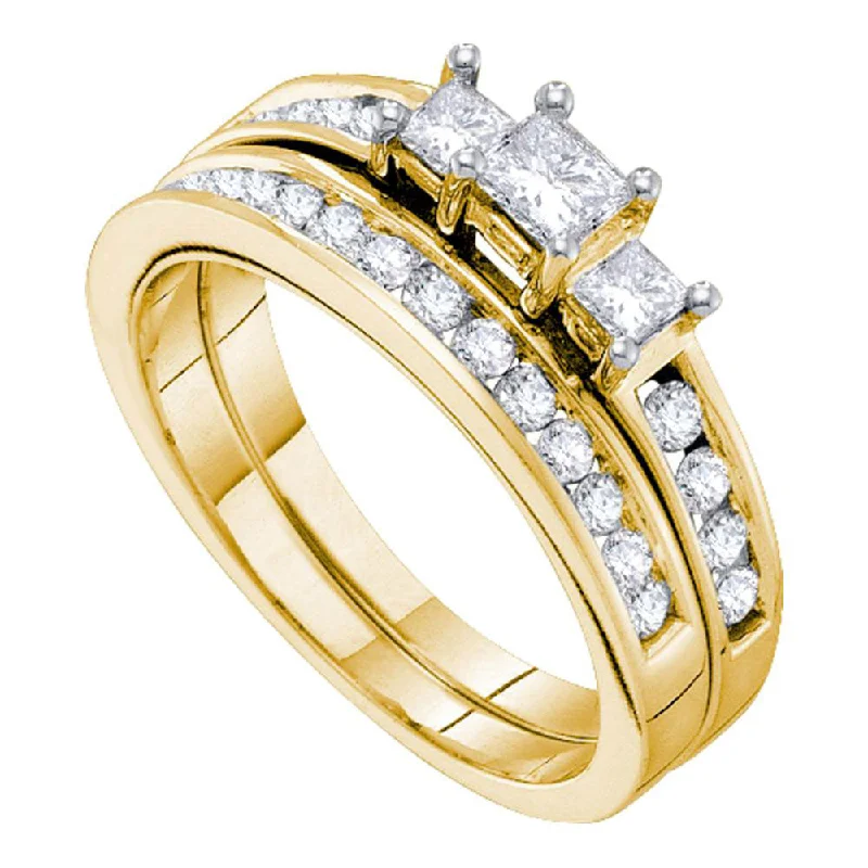 14kt Yellow Gold Princess Diamond 3-stone Bridal Wedding Ring Band Set 1 Cttw