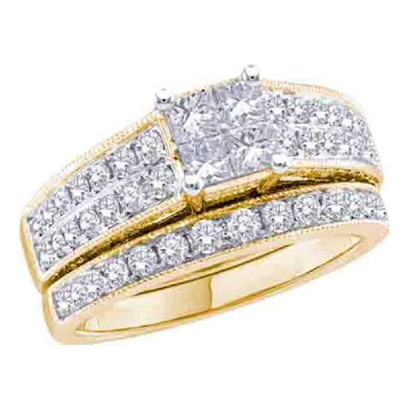 14kt Yellow Gold Princess Diamond Bridal Wedding Ring Band Set 3/4 Cttw