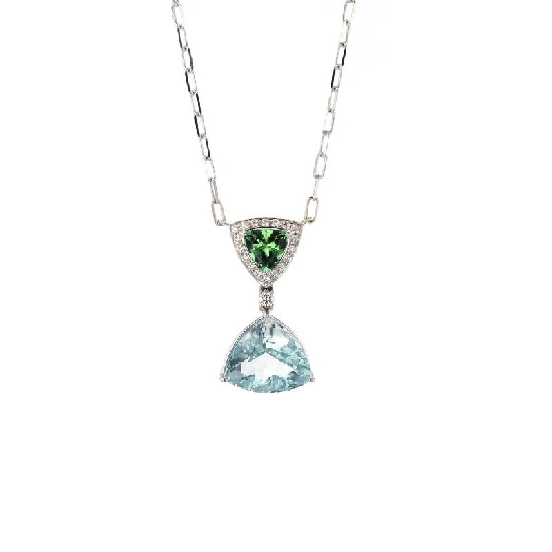 Tourmaline, Aquamarine & Diamond Stationary Pendant Necklace