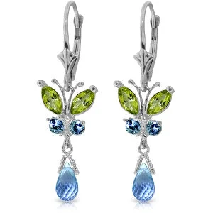 2.74 Carat 14K Solid White Gold Butterfly Earrings Peridot & Blue Topaz