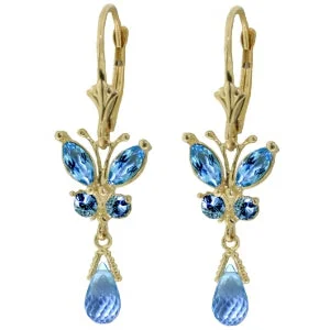 2.74 Carat 14K Solid Yellow Gold Butterfly Earrings Natural Blue Topaz