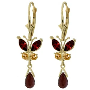 2.74 Carat 14K Solid Yellow Gold Butterfly Earrings Natural Garnet Citrine