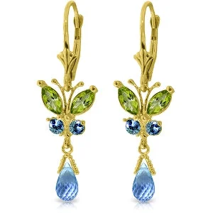 2.74 Carat 14K Solid Yellow Gold Butterfly Earrings Peridot & Blue Top