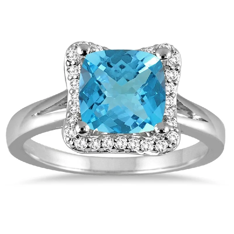 2 Carat Cushion Cut Blue Topaz and Diamond Ring in 14K White Gold