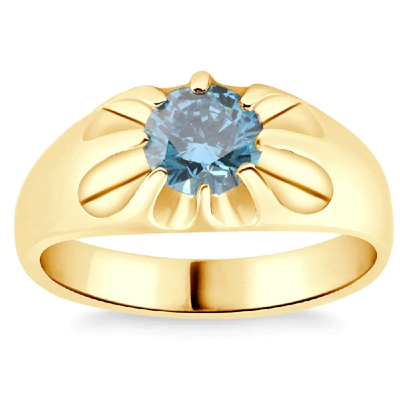 2Ct Blue Diamond Men's Belcher Solitaire Ring Gold