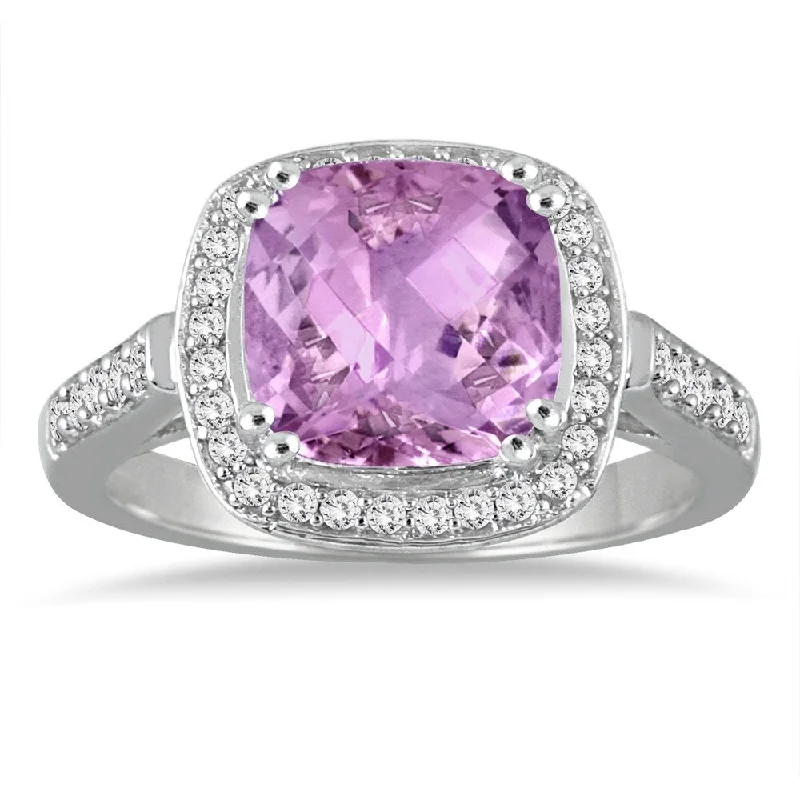 3 1/2 Carat Cushion Cut Amethyst and Diamond Ring in 14K White Gold