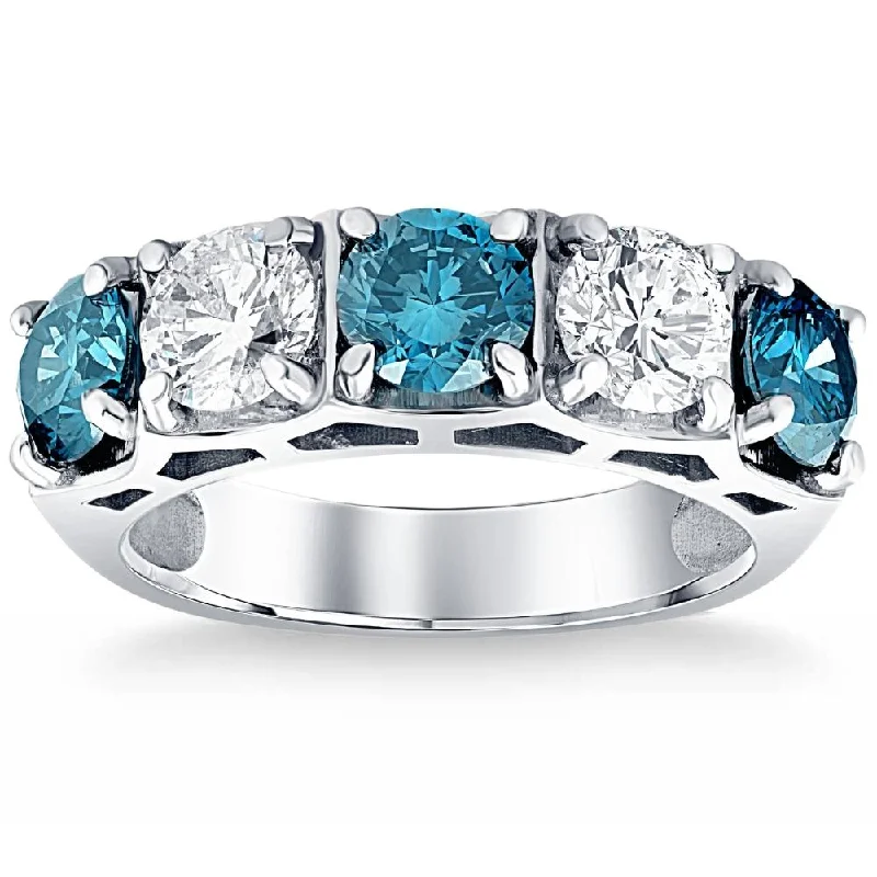 3 1/4Ct Blue Diamond Wedding Ring White Gold Lab Grown Anniversary 5-Stone Band