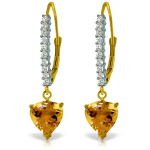 3.55 Carat 14K Solid Yellow Gold Leverback Earrings Natural Diamond Citrine