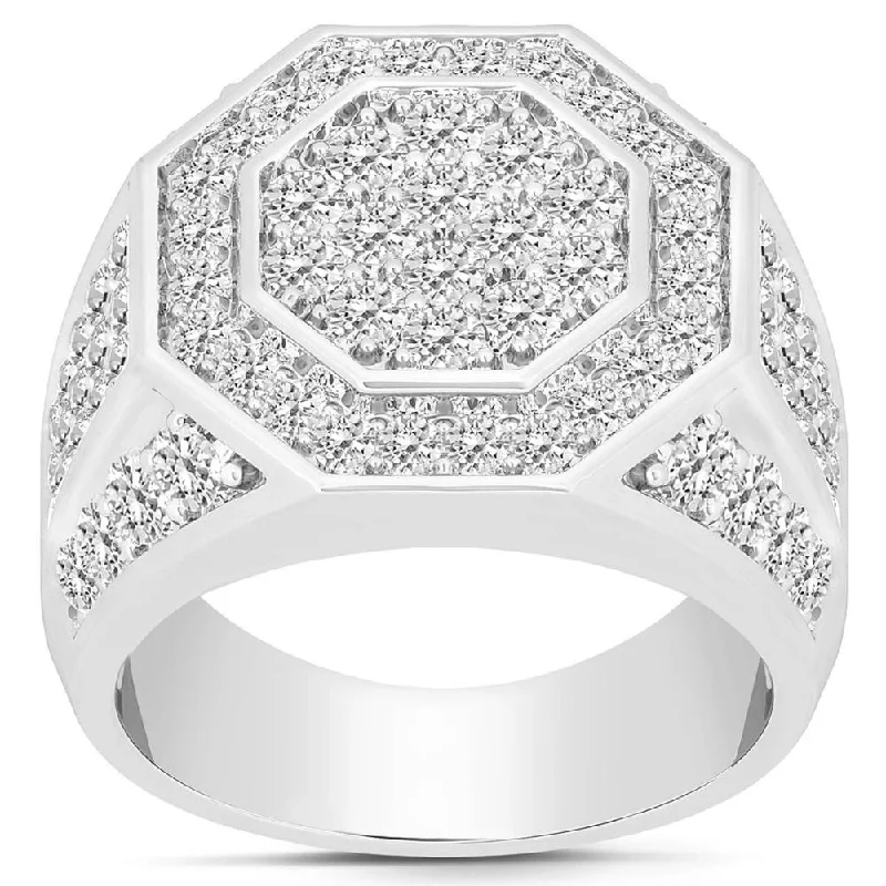 3Ct Men's Diamond Hexagon Cluster Ring 10k White Gold