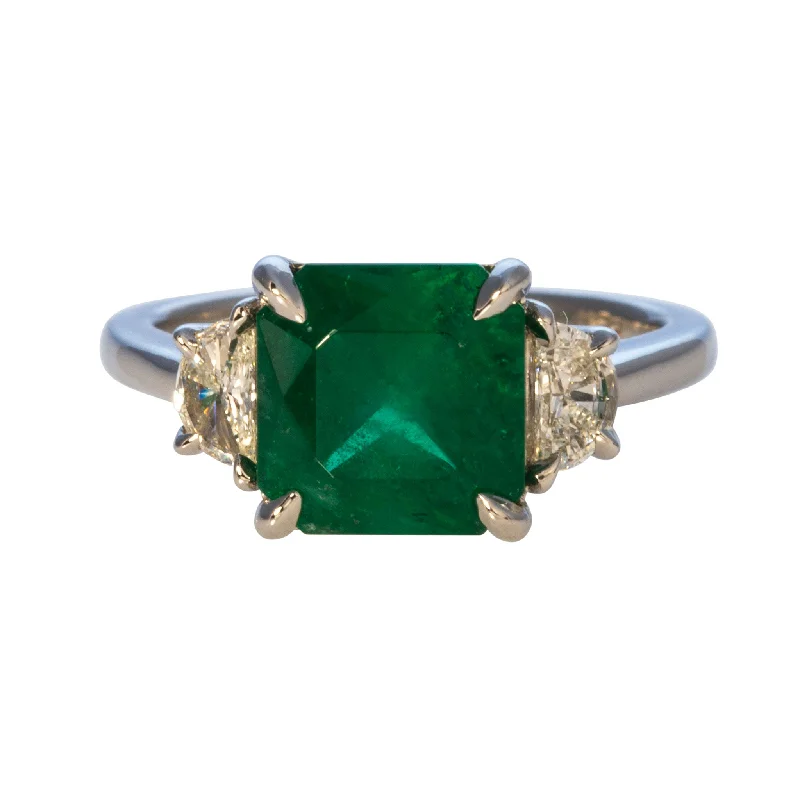 3ct Square Emerald & Half-Moon Diamond Three Stone Platinum Ring