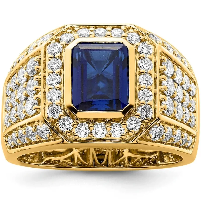 4 1/2Ct TW Men's Created Sapphire & Lab Grown Diamond Ring in 10k Yellow Gold