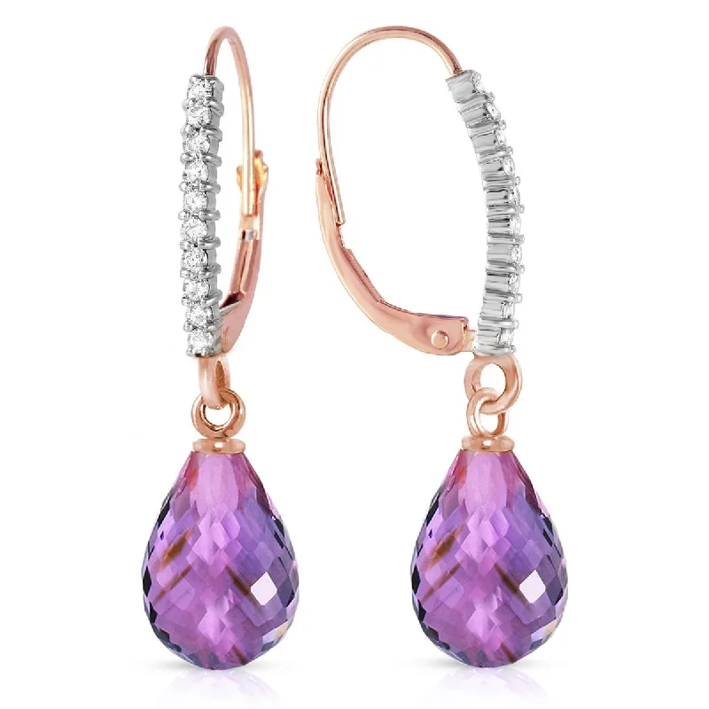 4.8 Carat 14K Solid Rose Gold Leverback Earrings Natural Diamond Amethyst