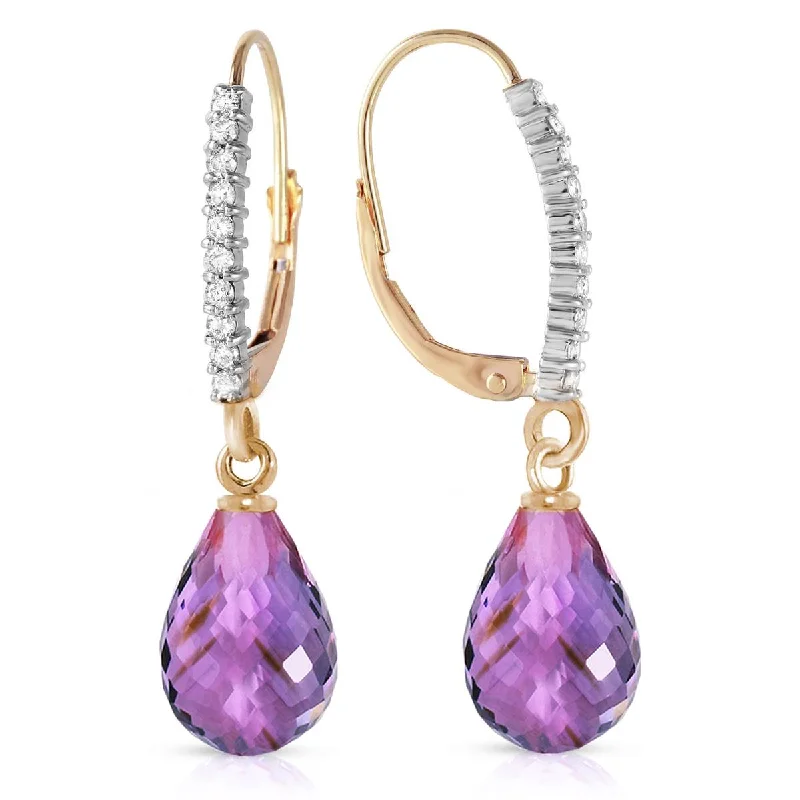 4.8 Carat 14K Solid Yellow Gold Leverback Earrings Natural Diamond Amethyst