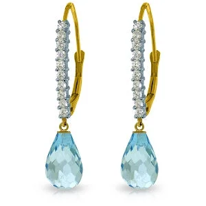 4.8 Carat 14K Solid Yellow Gold Leverback Earrings Natural Diamond Blue Topaz