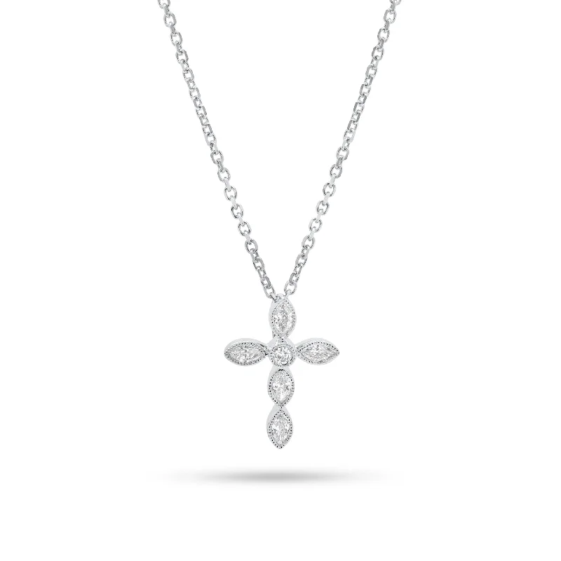 Marquise Diamond Cross Pendant Necklace with Milgrain Detail