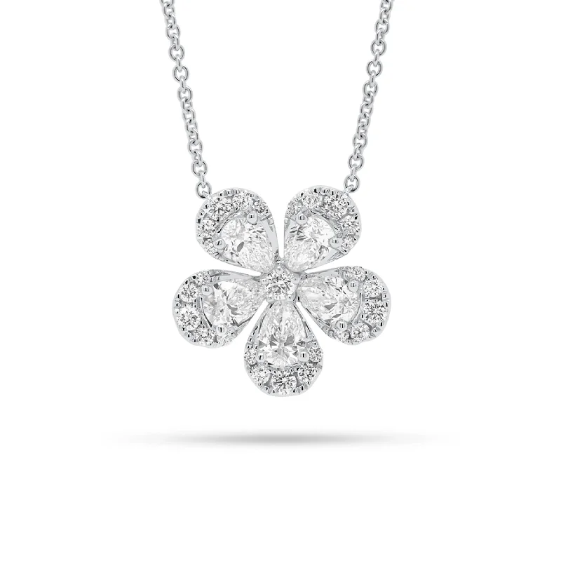 Round & Pear-Shaped Diamond Flower Pendant Necklace