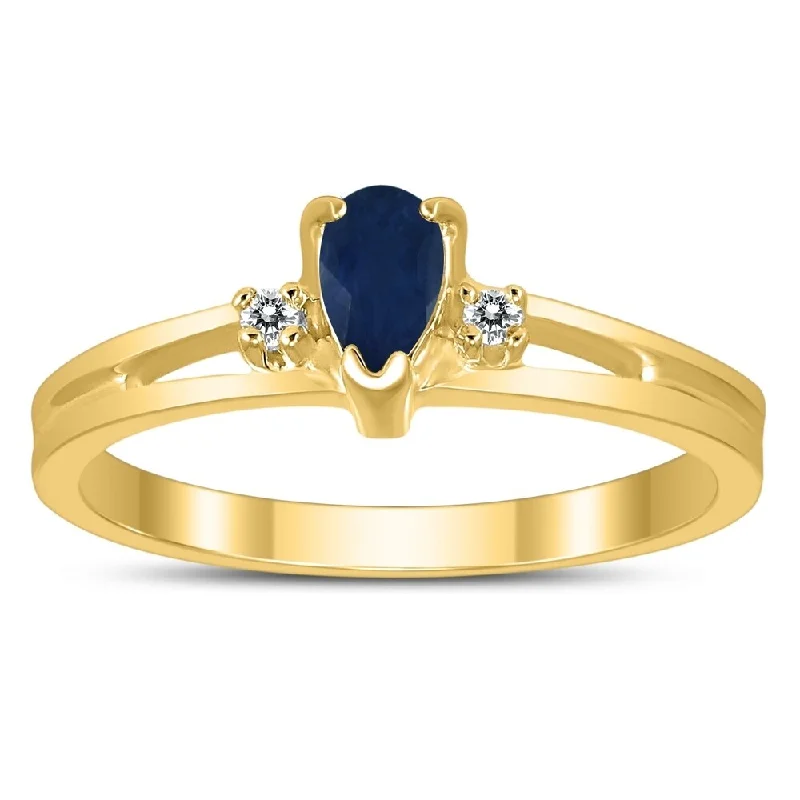 5X3MM Sapphire and Diamond Pear Shaped Open Three Stone Ring in 10K Yellow Gold