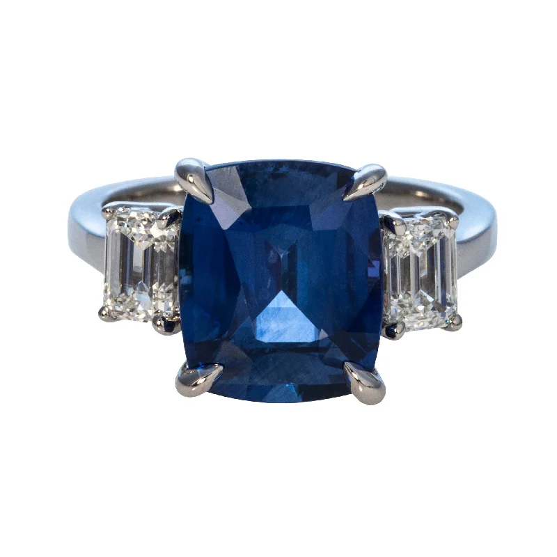 6.26ct Cushion Sapphire & Diamond Three-Stone Platinum Ring