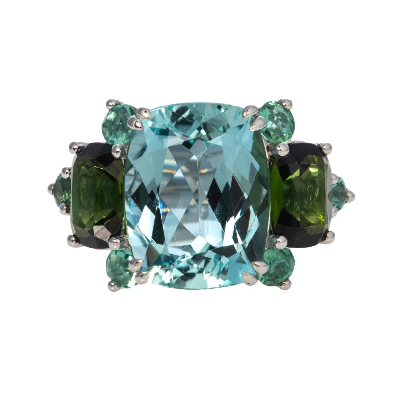 6.5ctw Aquamarine & 3ctw Green Tourmaline 14K White Gold Ring