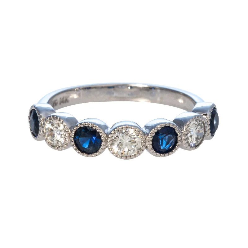 Sapphire & Diamond Bezel Milgrain Halfway 14K White Gold Band