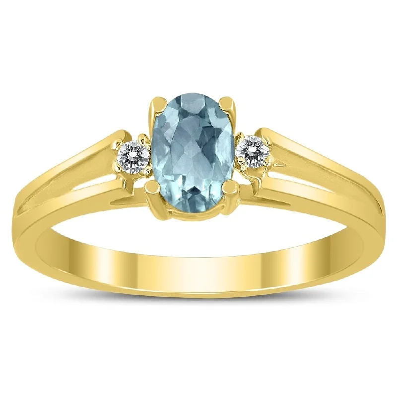 6X4MM Aquamarine and Diamond Open Three Stone Ring in 10K Yellow Gold