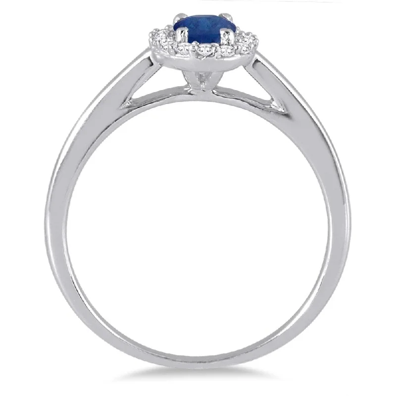 6x4MM Oval Shape Sapphire and Diamond Halo Ring in 10K White Gold