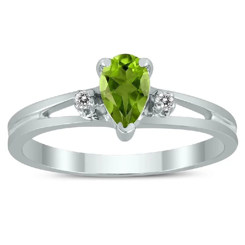 6X4MM Peridot and Diamond Pear Shaped Open Three Stone Ring in 10K White Gold