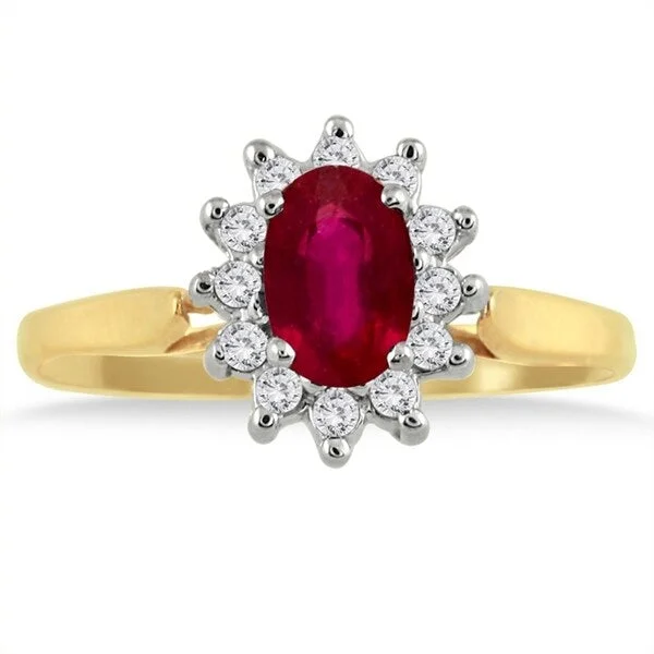 6x4MM Ruby and Diamond Flower Ring in 10K Gold