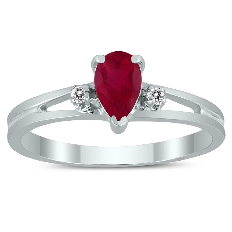 6X4MM Ruby and Diamond Pear Shaped Open Three Stone Ring in 10K White Gold