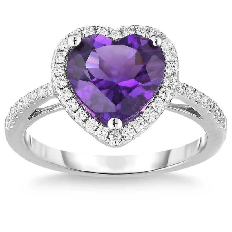 8mm Heart Amethyst & Diamond Ring in 14k White Gold