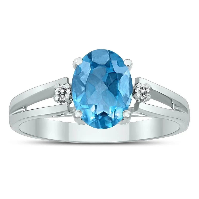 8X6MM Blue Topaz and Diamond Open Three Stone Ring in 10K White Gold