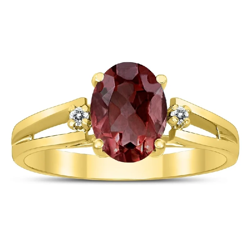 8X6MM Garnet and Diamond Open Three Stone Ring in 10K Yellow Gold