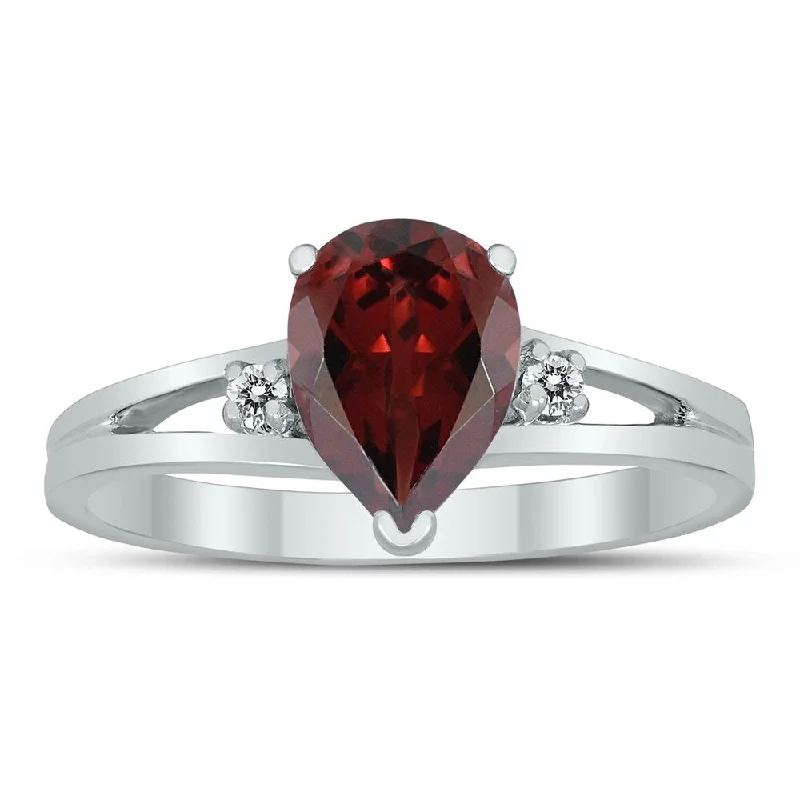 8X6MM Garnet and Diamond Pear Shaped Open Three Stone Ring in 10K White Gold