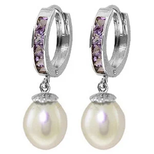 9.3 Carat 14K Solid White Gold Hoop Earrings Amethyst Pearl