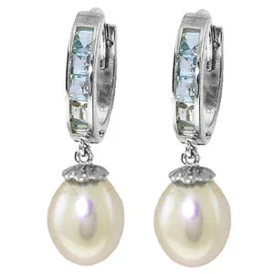 9.3 Carat 14K Solid White Gold Hoop Earrings Aquamarine Pearl