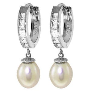 9.3 Carat 14K Solid White Gold Hoop Earrings White Topaz Pearl