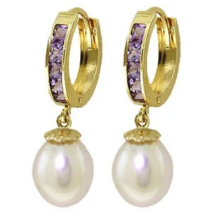 9.3 Carat 14K Solid Yellow Gold Hoop Earrings Amethyst Pearl