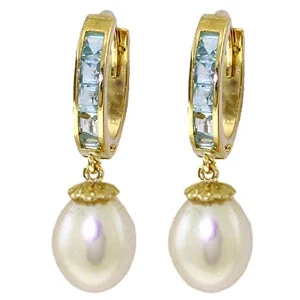 9.3 Carat 14K Solid Yellow Gold Hoop Earrings Aquamarine Pearl