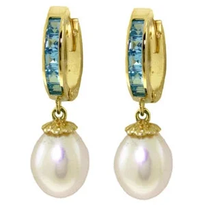 9.3 Carat 14K Solid Yellow Gold Hoop Earrings Blue Topaz Pearl