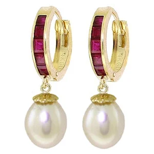 9.3 Carat 14K Solid Yellow Gold Hoop Earrings Ruby Pearl