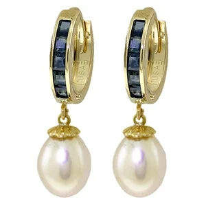 9.3 Carat 14K Solid Yellow Gold Hoop Earrings Sapphire Pearl