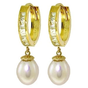 9.3 Carat 14K Solid Yellow Gold Hoop Earrings White Topaz Pearl