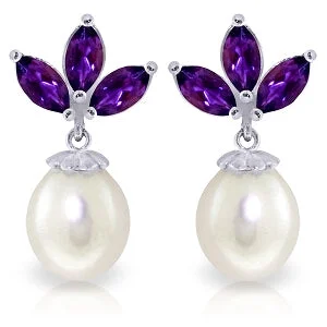 9.5 Carat 14K Solid White Gold Dangling Earrings Pearl Amethyst