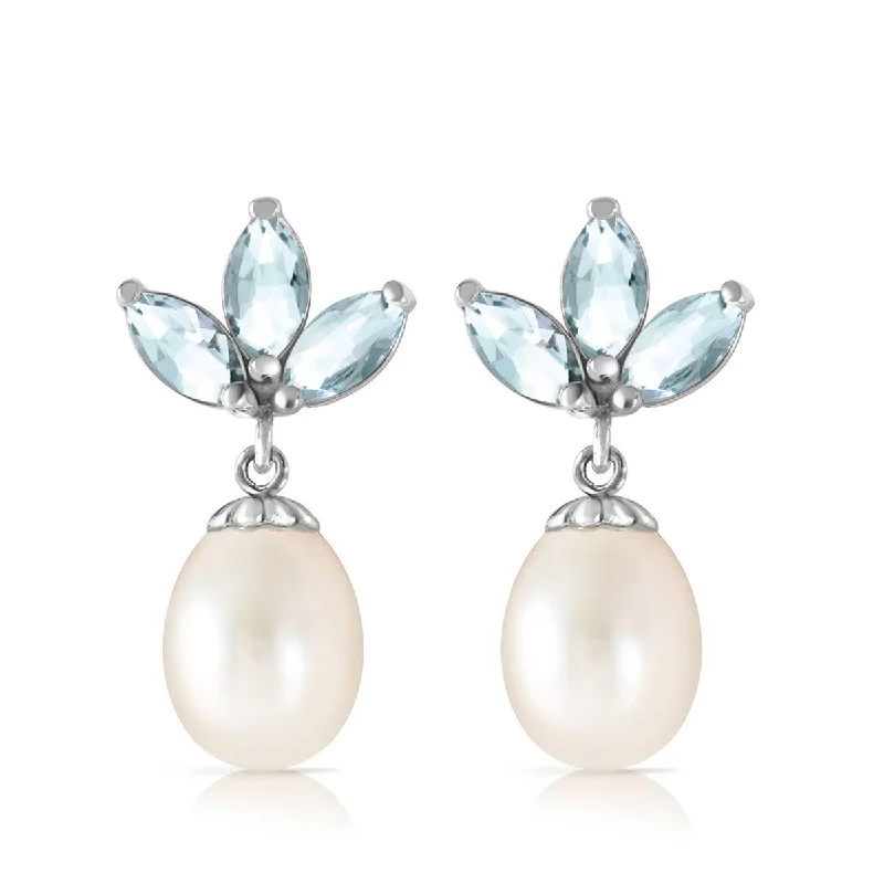 9.5 Carat 14K Solid White Gold Dangling Earrings Pearl Aquamarine