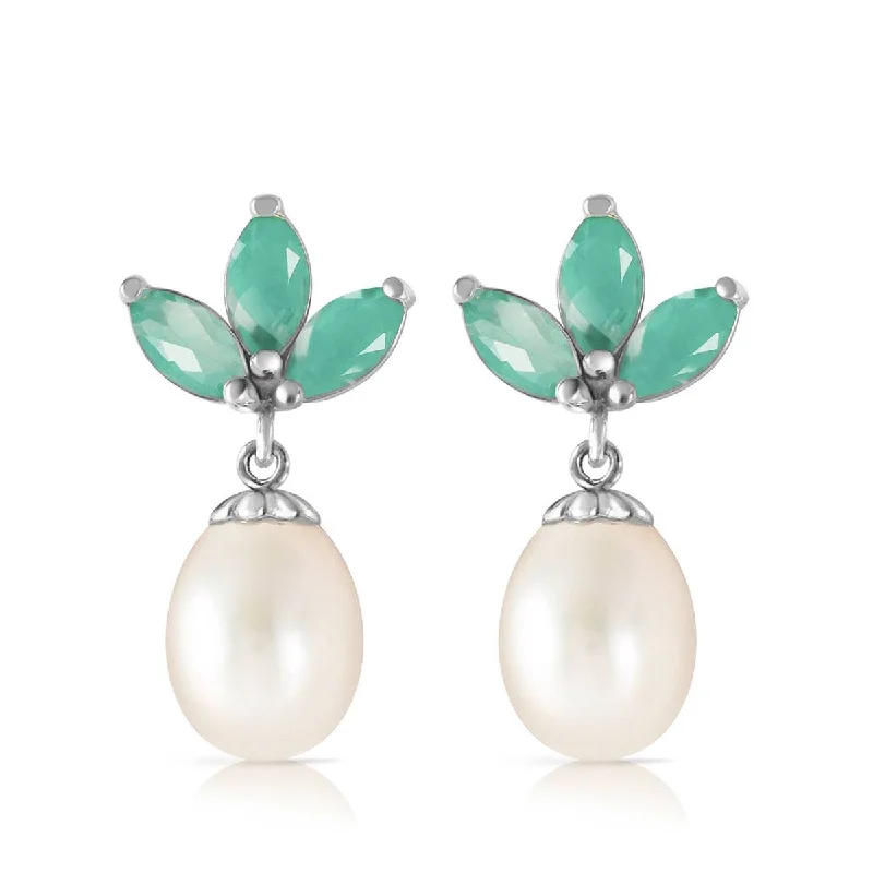 9.5 Carat 14K Solid White Gold Dangling Earrings Pearl Emerald