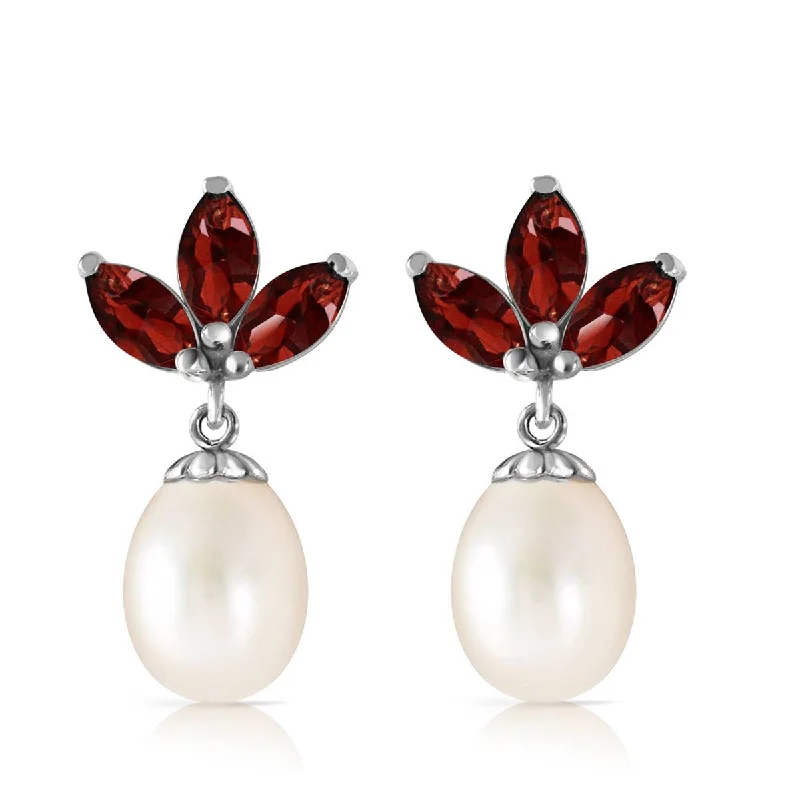 9.5 Carat 14K Solid White Gold Dangling Earrings Pearl Garnet