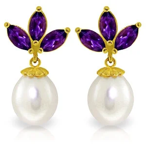 9.5 Carat 14K Solid Yellow Gold Dangling Earrings Pearl Amethyst