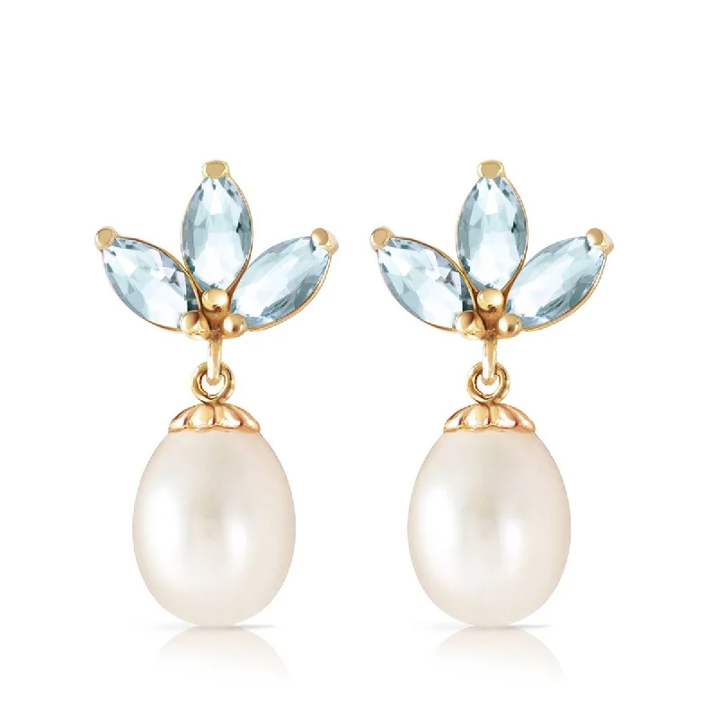 9.5 Carat 14K Solid Yellow Gold Dangling Earrings Pearl Aquamarine